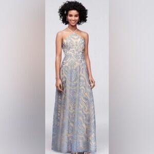 Blue and Cream Floral Halter Gown/ Prom Dress